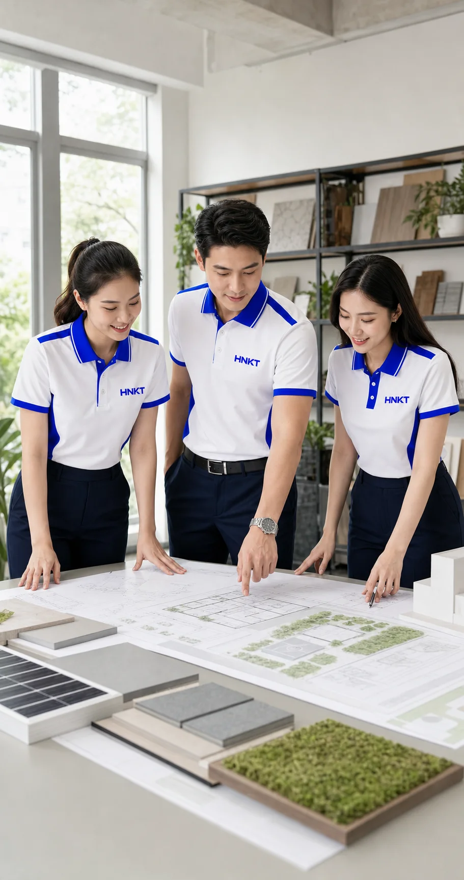 Ba thành viên HNKT cùng trao đổi trên bản vẽ và vật liệu cho một dự án bền vững