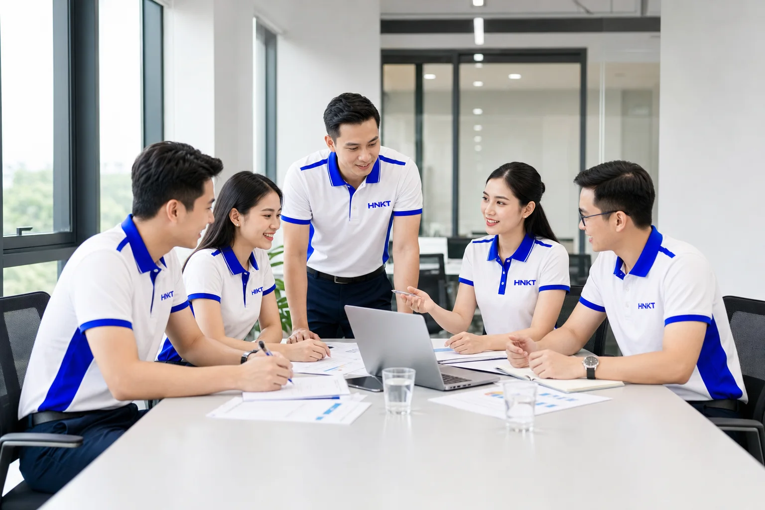 Đội ngũ HNKT mặc đồng phục trắng xanh đang trao đổi và làm việc cùng nhau